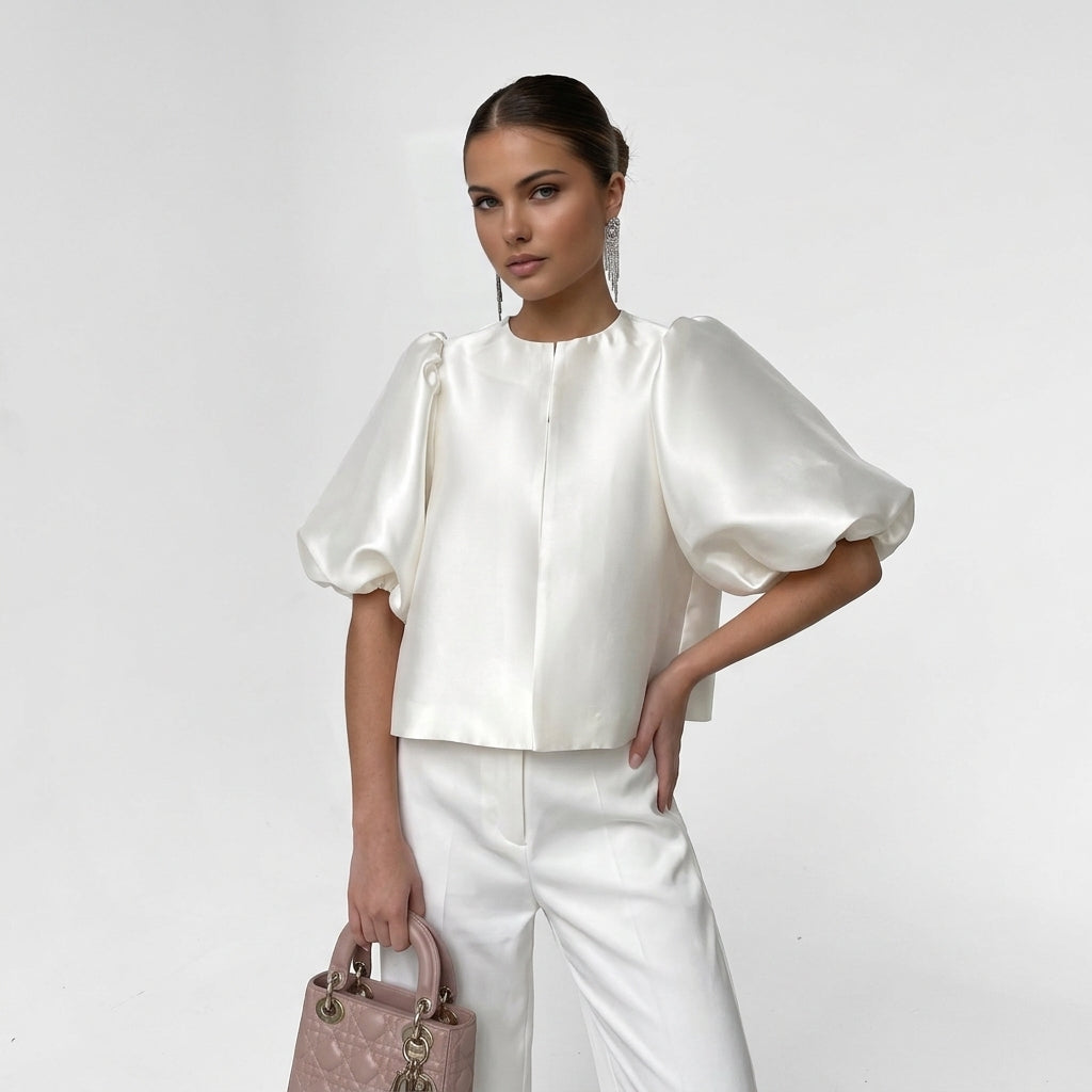 Satynowa bluzka damska z bufiastymi rękawami elegancka
