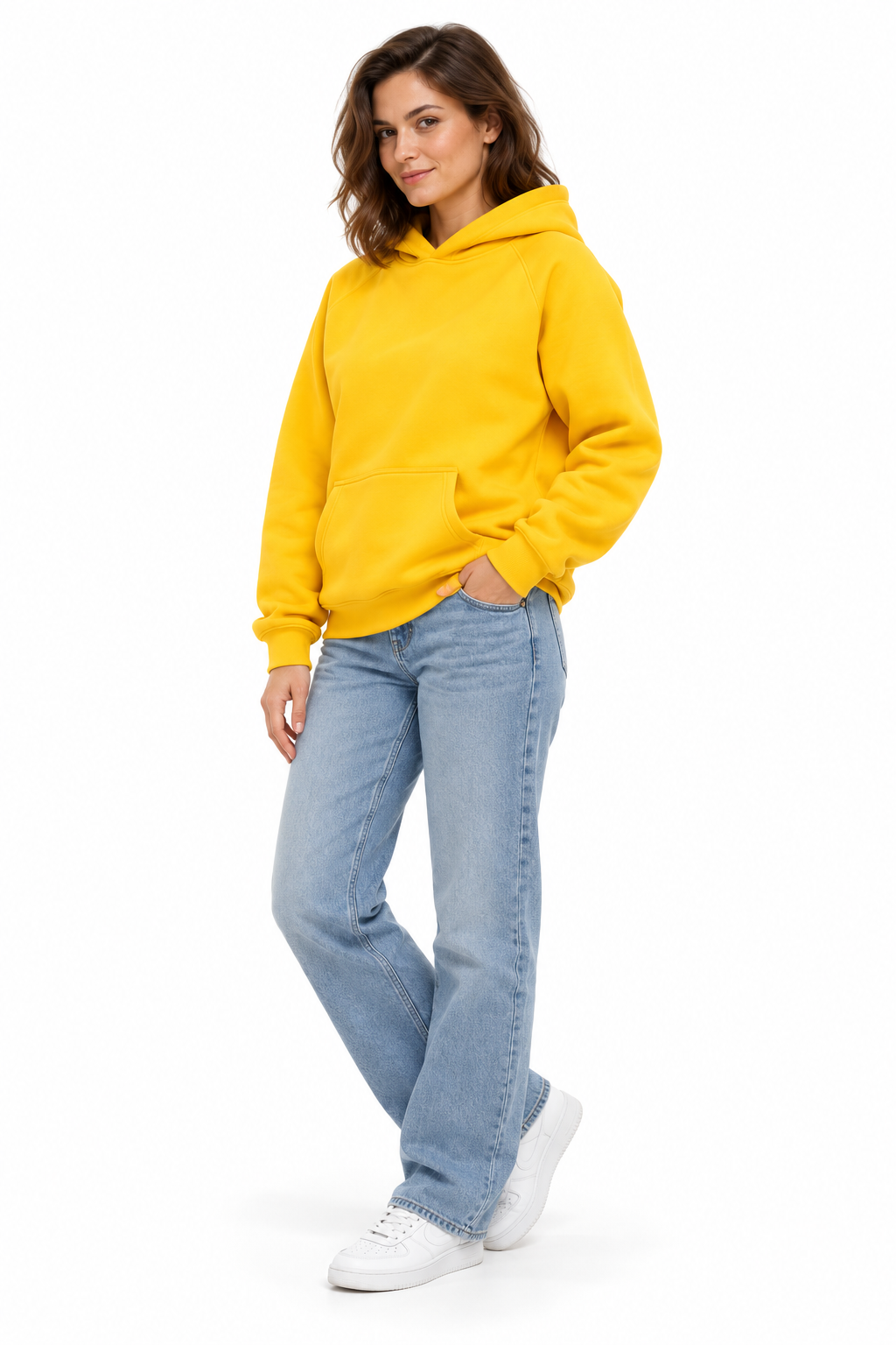 Gładka bluza z kapturem unisex o luźnym kroju — Żółty — zdjęcie studyjne