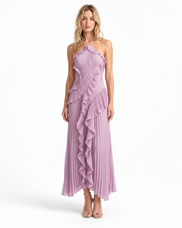 Sukienka Midi Halter z Falbanami i Plisowaniem – Elegancka | Wieczorowa — Liliowy — zdjęcie studyjne