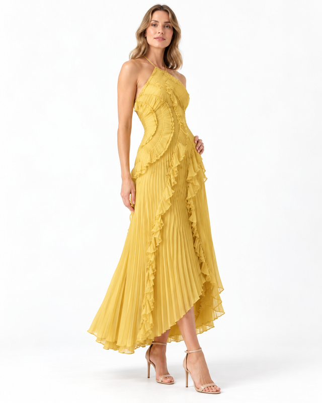 Sukienka Midi Halter z Falbanami i Plisowaniem – Elegancka | Wieczorowa — Musztardowy — zdjęcie studyjne