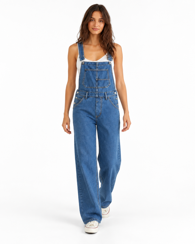 Kombinezon jeansowy damski z długimi nogawkami casual — Niebieski vintage — zdjęcie studyjne