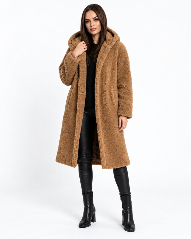 Płaszcz damski pluszowy ciepły elegancki zimowy — Camel — zdjęcie studyjne