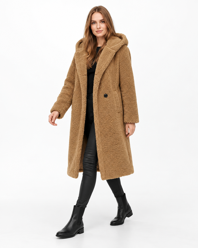 Płaszcz damski pluszowy ciepły elegancki zimowy — Khaki — zdjęcie studyjne