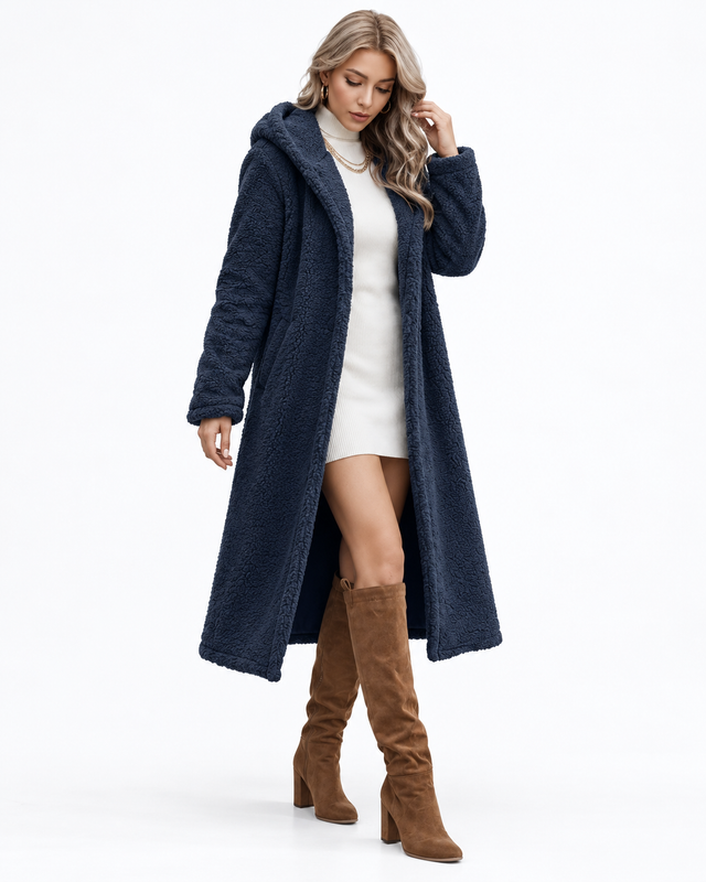Płaszcz damski pluszowy ciepły elegancki zimowy — Granatowy — zdjęcie studyjne