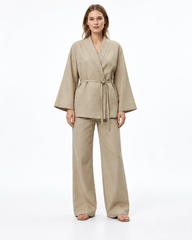 Komplet lniany damski kimono – letni zestaw lniany — Khaki — zdjęcie studyjne