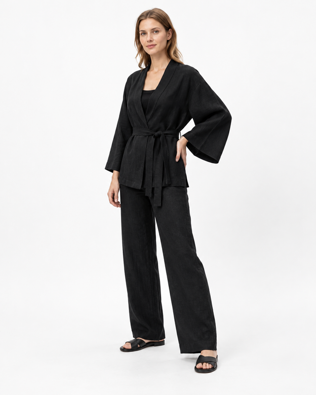 Komplet lniany damski kimono – letni zestaw lniany — Czarny — zdjęcie studyjne