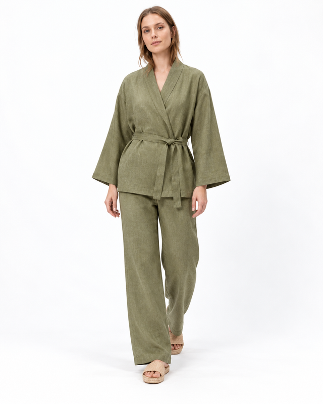 Komplet lniany damski kimono – letni zestaw lniany — Zielony — zdjęcie studyjne